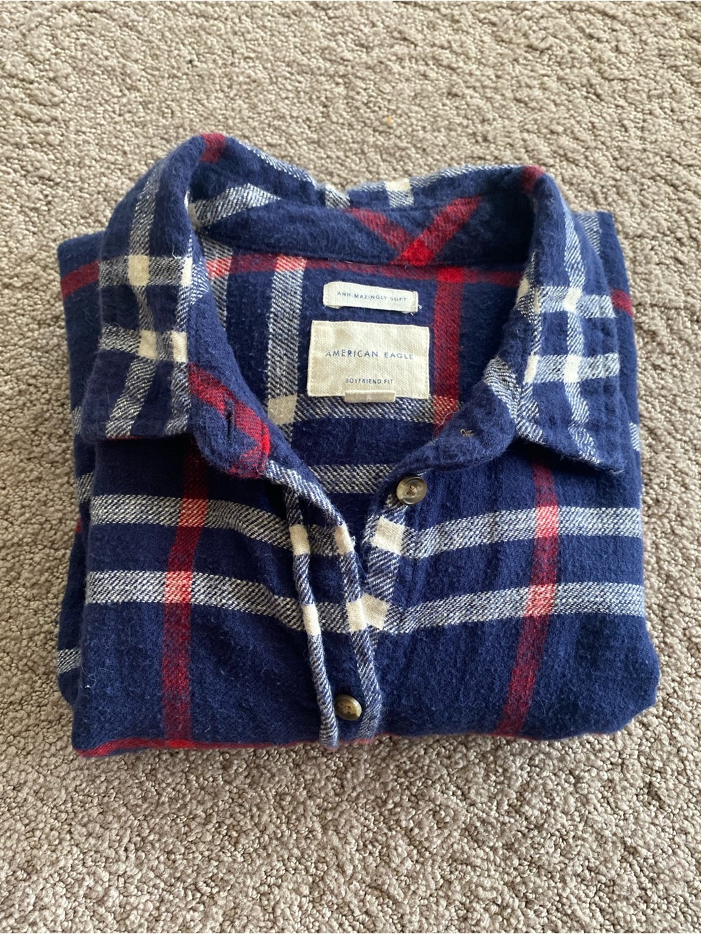 American Eagle Navy and Red Plaid Boyfriend Shirt